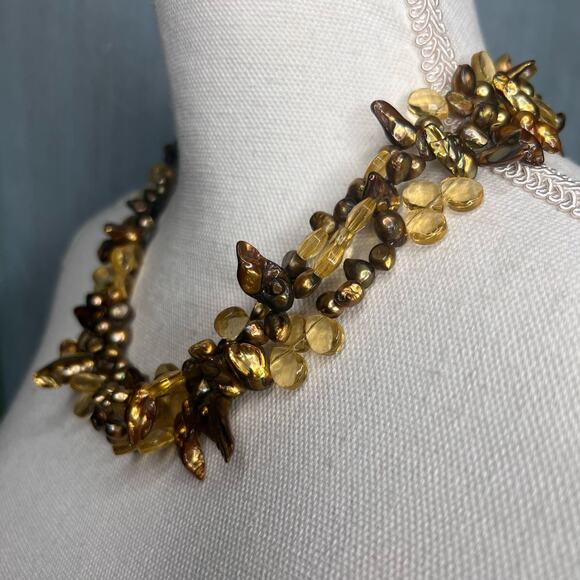 Vintage 90s Golden Chocolate Fresh Water Pearl 3 Strand Necklace Glass Teardrops - Picture 2 of 7